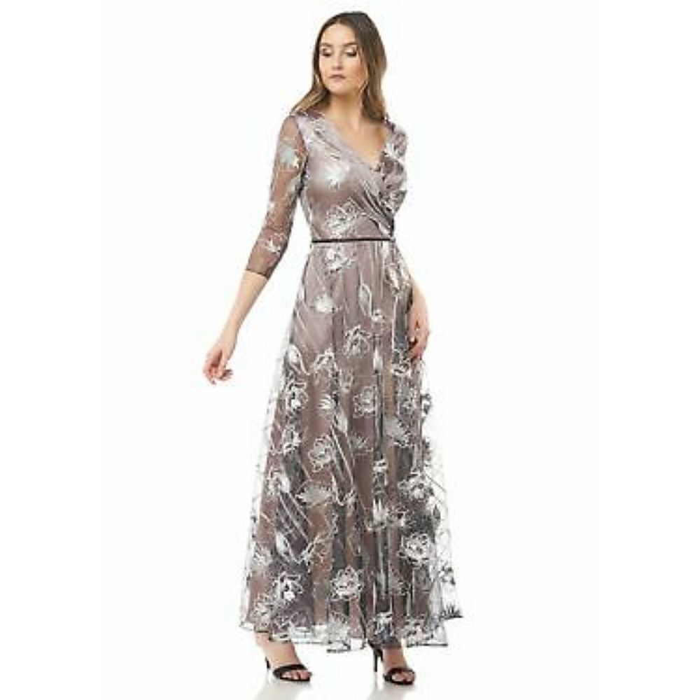 JS Collections Surplice Embroidered Gown dress Size 10 in Black nude